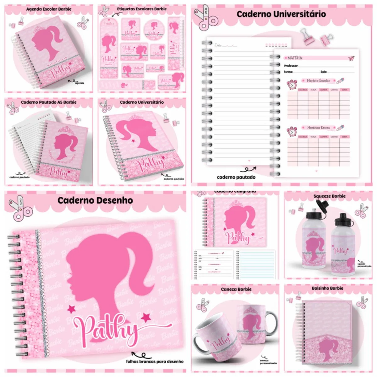 Diversos itens de papelaria escolar rosa com silhueta de perfil feminino.