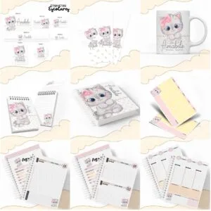Coleção de itens escolares personalizados com desenho de gatinho cinza e laço rosa.