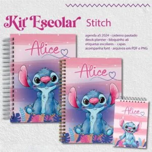 Kit Escolar Stitch Rosa 2025 - Arquivos Encadernação
