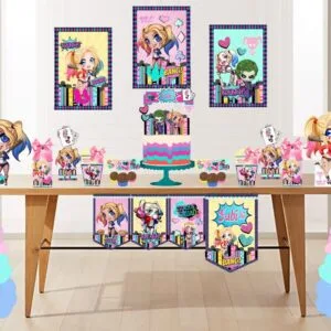 Mesa decorada com tema de festa infantil contendo enfeites e bolo colorido.