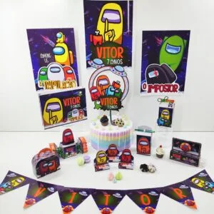 Decoração de festa com tema de personagens espaciais, bolo, bandeirinhas e diversos itens personalizados.