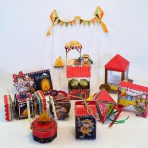 Kit de artes digitais com temas de festa junina, incluindo caixas e topo.