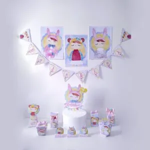 Decoração de festa infantil com ilustrações de meninas com orelhas de coelho.