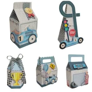 Conjunto de caixas de papel decoradas com tema de corrida e carros antigos.
