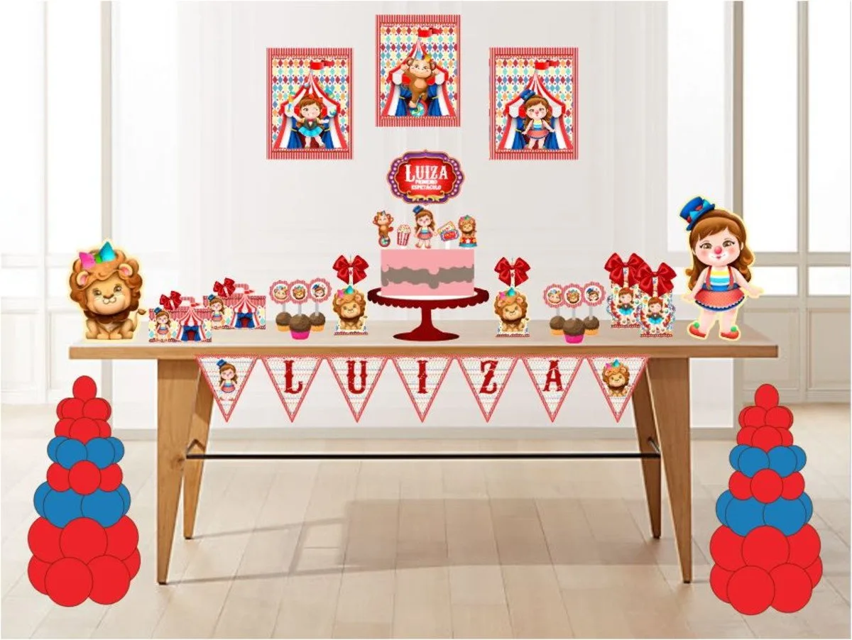 Kit Festa Circo Menina 1 Mesa decorada com tema de circo com bolos, doces, enfeites de papel e balões.