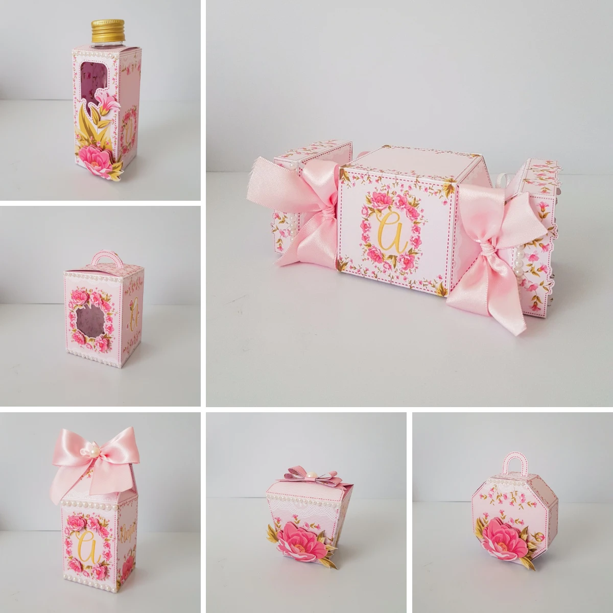Kit Festa Floral Rosa 1 Conjunto de caixas de papel artesanais cor-de-rosa com decoração floral e fitas.