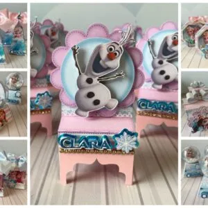 Kit Festa Frozen Rosa E Azul 9 Diversos itens decorativos em papelaria personalizada com tema de desenho animado.