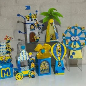 Artesanato de papel com tema de personagens amarelos e azuis para festa