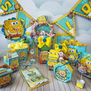 Conjunto de decorações e lembrancinhas temáticas em papelaria colorida com personagens e elementos marinhos.