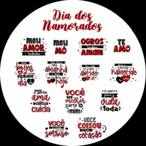 Artes digitais com frases românticas em vermelho e preto sobre o Dia dos Namorados.