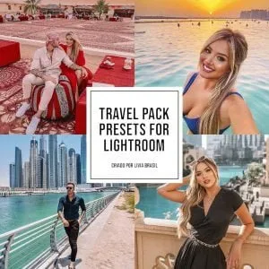 Colagem com quatro fotos de viagem e texto central sobre presets
