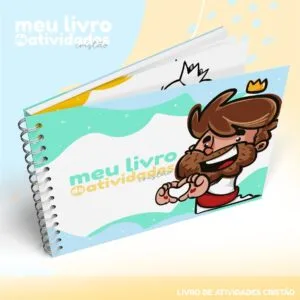 Livro de atividades com encadernação em espiral ilustrado com um personagem masculino sorrindo.