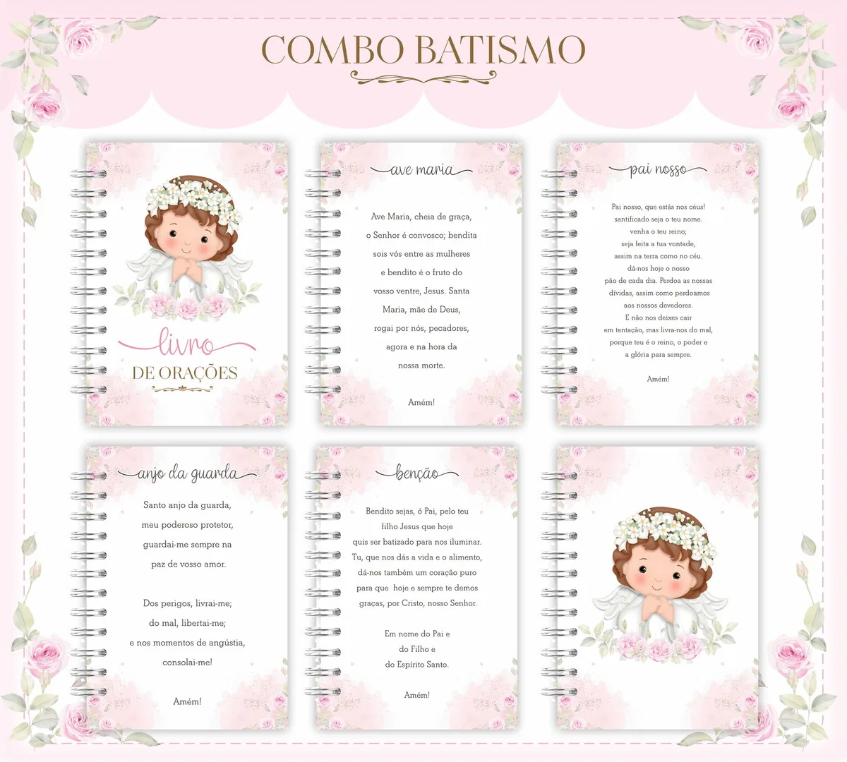 Arte digital com seis designs de cadernos e páginas de orações em tons rosados e florais.