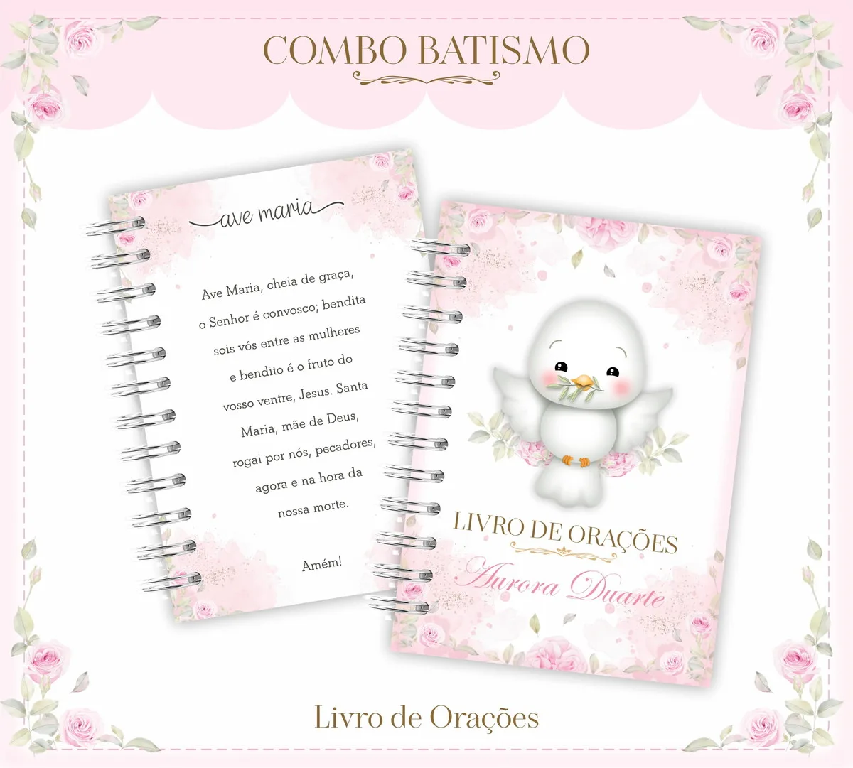 Arte digital de dois cadernos de orações, com pomba e texto em fundo floral rosa.