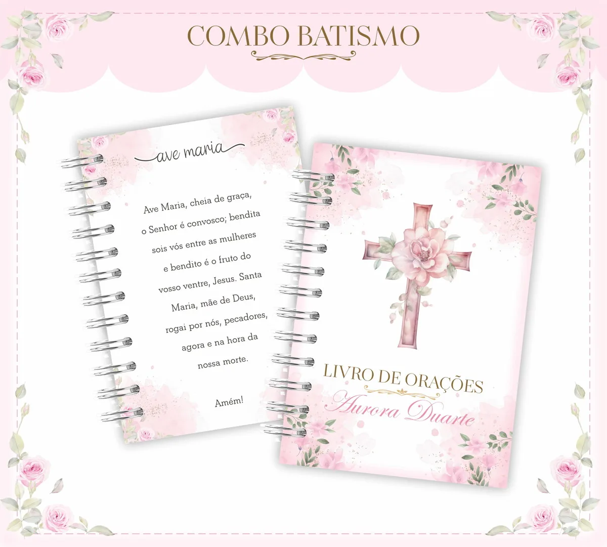 Arte digital de dois cadernos em tons rosa com tema religioso e floral.