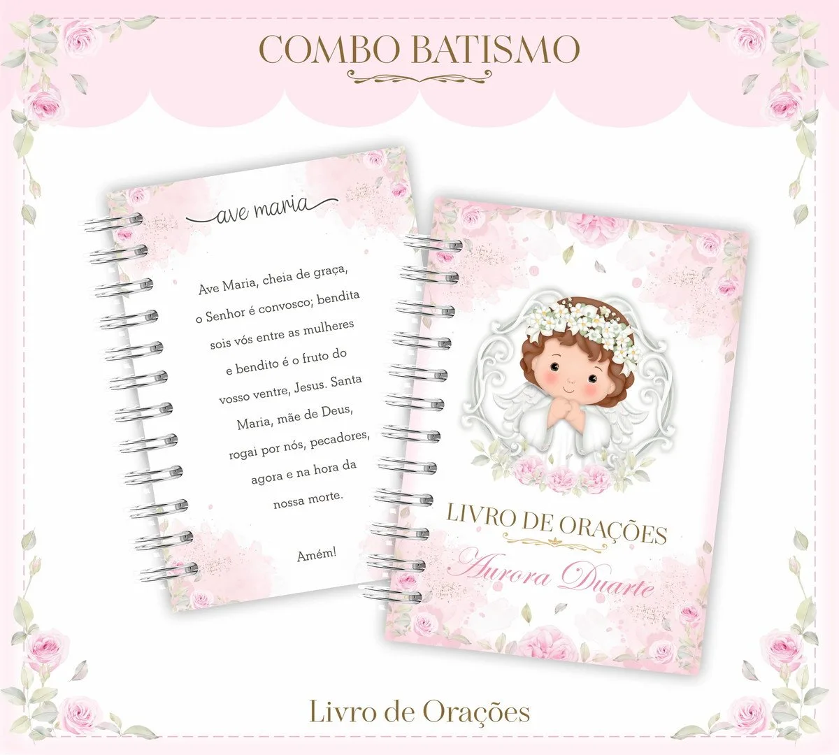 Dois livros digitais espiralados, um com oração e outro com anjo e flores.