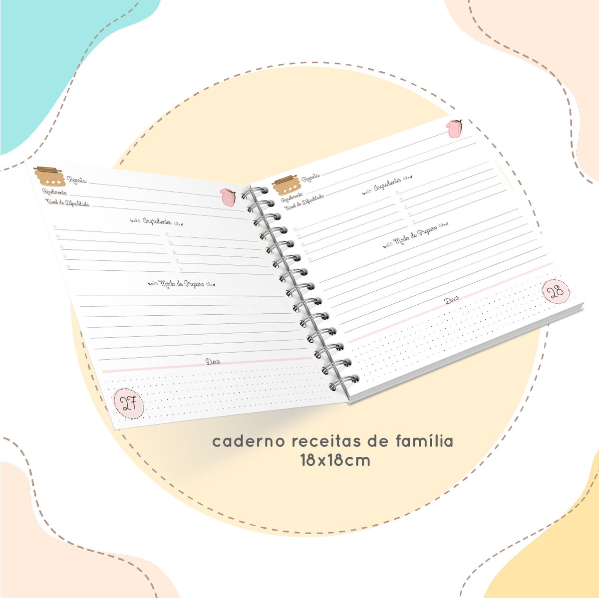 Livro de Receitas Família Natal 18X18 - Arquivo Digital 2 Caderno de receitas digital aberto, com campos para ingredientes, preparo e dicas.
