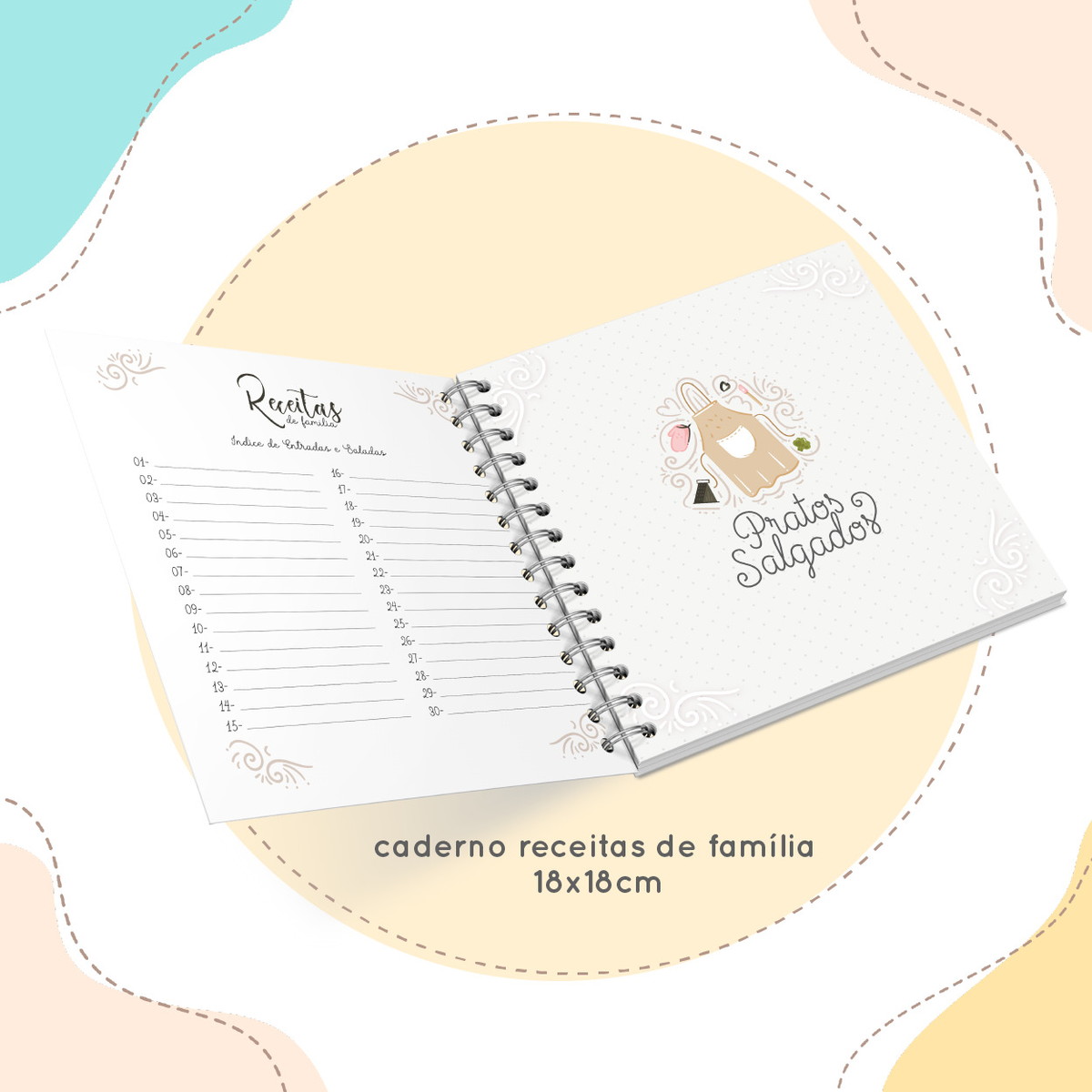 Livro de Receitas Família Natal 18X18 - Arquivo Digital 3 Caderno de receitas digital aberto com índice de entradas e seção de pratos salgados.
