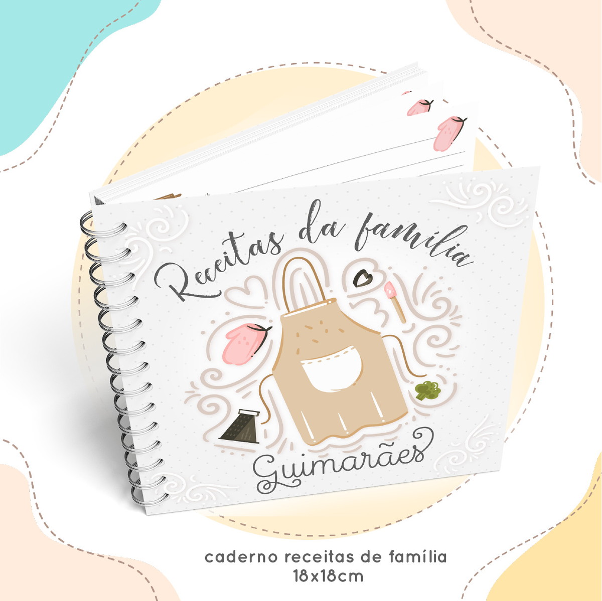 Livro de Receitas Família Natal 18X18 - Arquivo Digital 1 Arte digital de capa para caderno de receitas familiar com avental e utensílios de cozinha.