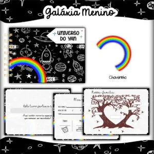 Coleção de itens de papelaria personalizada com tema de espaço sideral e arco-íris.