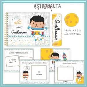 Livro do Bebê Astronauta- Arquivo Digital 6 Caderno personalizado e itens de papelaria com temática de astronauta infantil em fundo branco.