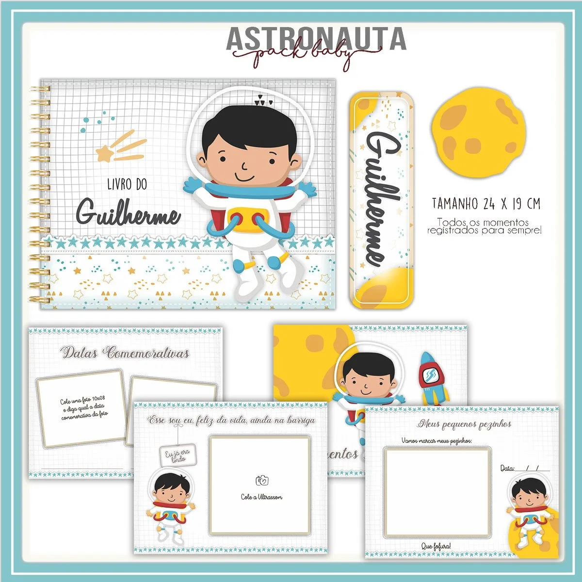 Caderno personalizado e itens de papelaria com temática de astronauta infantil em fundo branco.