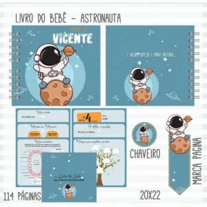 Kit de arte digital para álbum infantil com tema de astronauta e elementos espaciais.