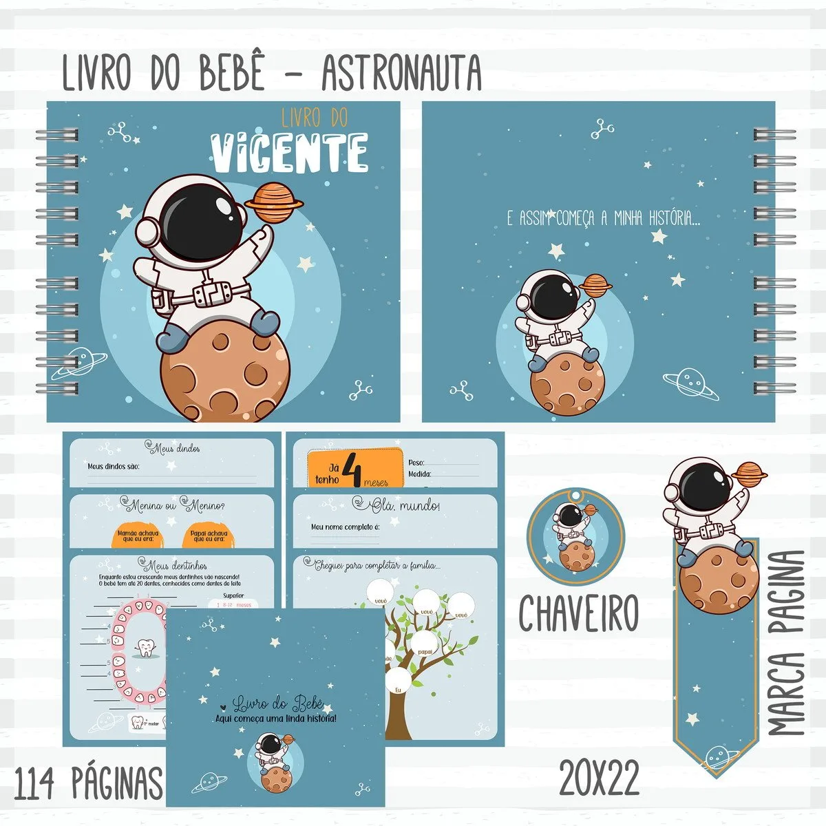 Kit de arte digital para álbum infantil com tema de astronauta e elementos espaciais.