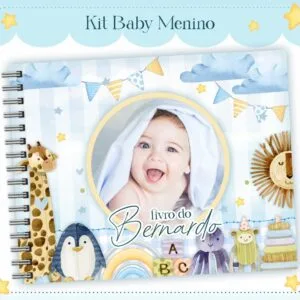Capa de livro personalizada com tema infantil azul, animais e foto de bebê.