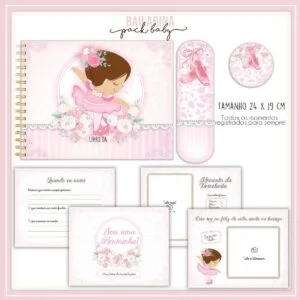 Apresentação visual com itens de papelaria decorados com tema de bailarina rosa