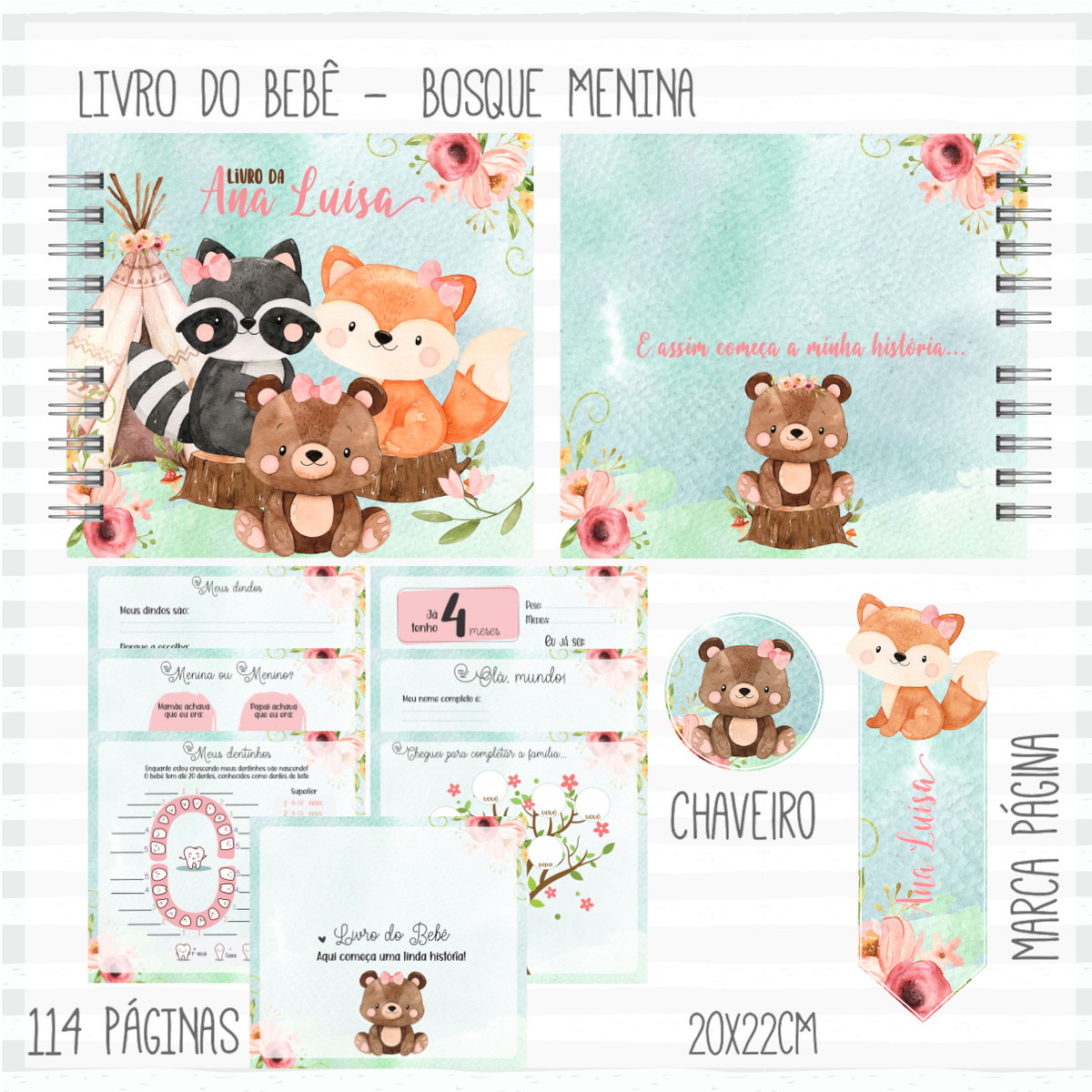 Livro do Bebê Bosque Menina #1 - Arquivo Digital 1 Livro do bebê digital bosque menina com guaxinim, raposa, urso e flores aquarela.