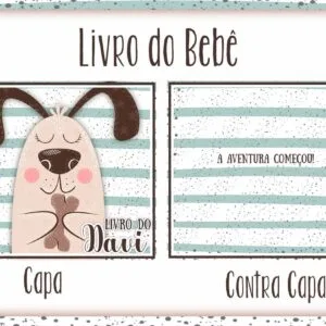 Arte digital de capa e contracapa de livro de bebê com tema de cachorrinho.