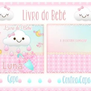 Capa e contra capa de livro de bebe com ilustracao de nuvem e guarda chuva.