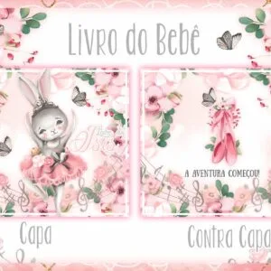 Arte digital para capa e contra capa de livro com coelho bailarino e flores rosa