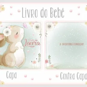 Livro do Bebê Coelhinha Neutra Menina 29 Arte digital de capa e contracapa de livro de bebê com coelho ilustrado.