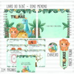 Arte digital de kit livro do bebê com capa e páginas internas de dinossauros para meninos.