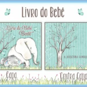 Capa e contra capa de livro de bebê com tema de elefante
