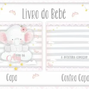 Capa e contracapa de livro de bebê com elefantinho fofo e listras rosa e cinza.