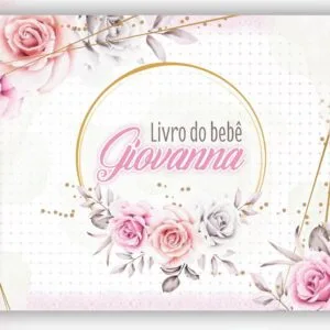 Capa de caderno personalizada com flores rosa, detalhes dourados e espiral metálica lateral.