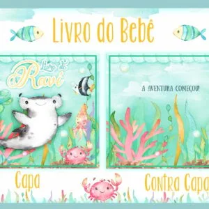 Arte digital de capa e contracapa com tema marinho aquarelado.