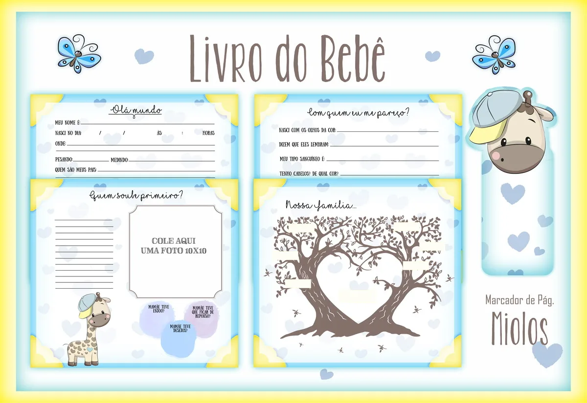 Páginas ilustradas de livro do bebê com tema azul e desenho de girafa