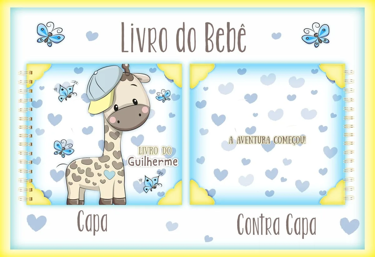 Arte digital de capa e contracapa de livro de bebê com girafa e corações.
