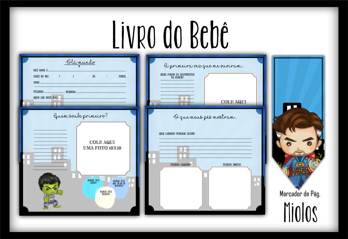 Livro do Bebê Heróis - Arquivo Digital 2 Livro do Bebê com seções para informações e fotos