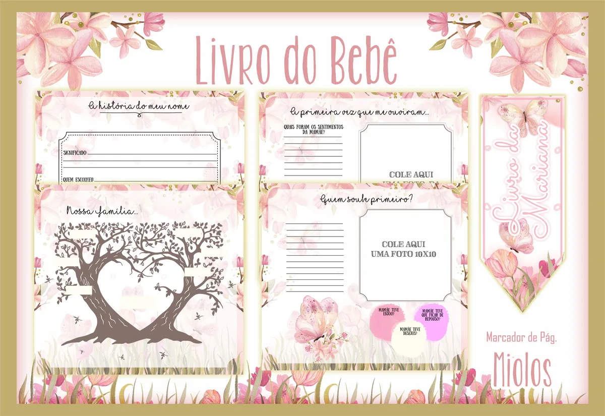 Páginas decoradas de livro de bebê com flores rosa e árvores.
