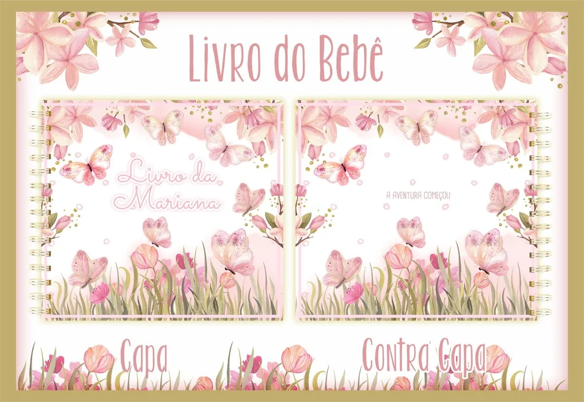 Arte digital de capa e contracapa com tema de flores e borboletas em tons rosa.