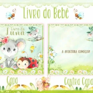 Capa e contracapa ilustradas com coala, joaninha, flores e abelhas em tons pastéis.