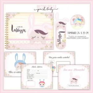 Livro do Bebê Metoodoll 30 Caderno personalizado com temática de coelho e elementos florais em tons pastel.