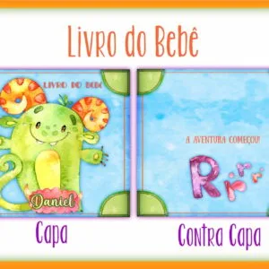 Capa e contracapa de um livro de bebê com tema de monstrinho verde.