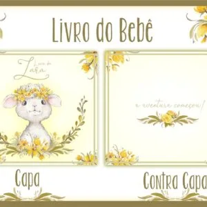Capa e contra capa de livro do bebê com ilustração de carneiro e flores amarelas.