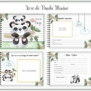 Arte digital de páginas de livro infantil com tema de pandas.